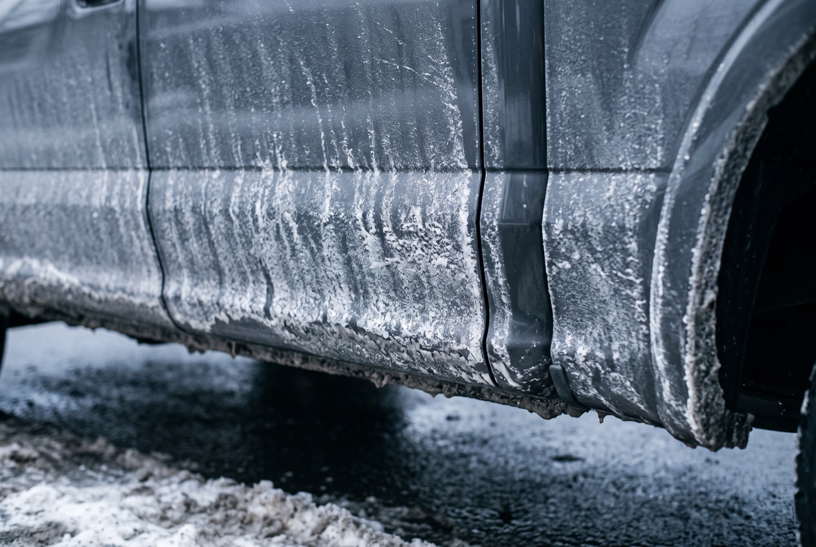Salt and slush buildup on a winter road surface (illustration)